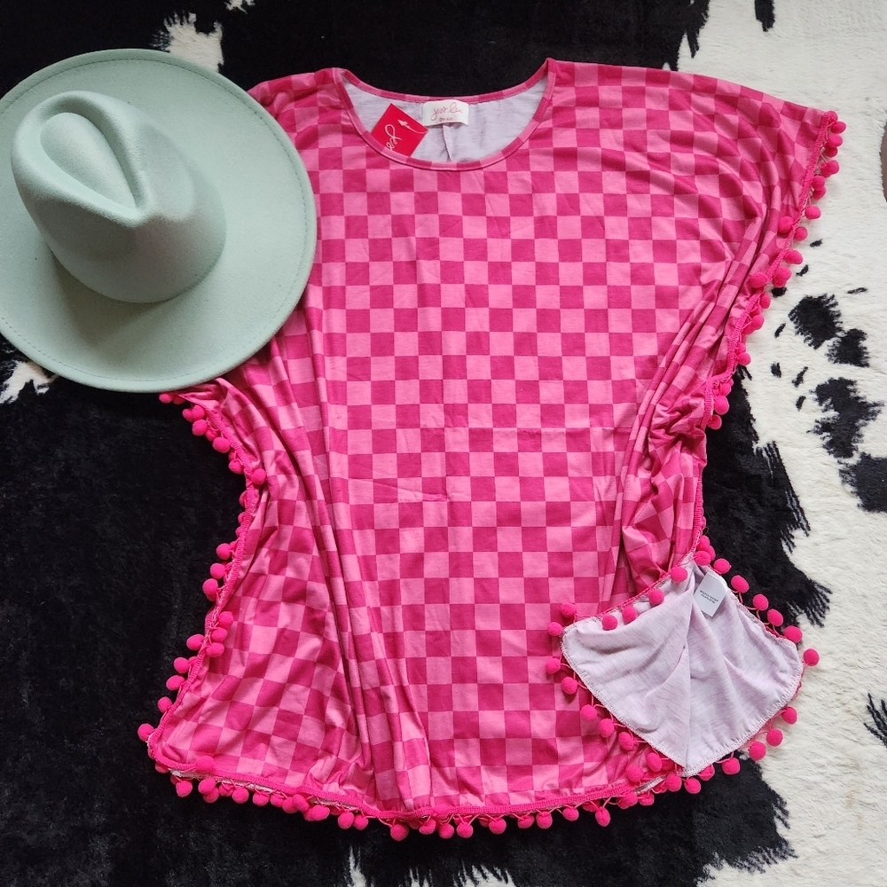 Jess Lea Checked Out Checkered‎ Swimsuit Cover-up Pink Pom-pom Trim